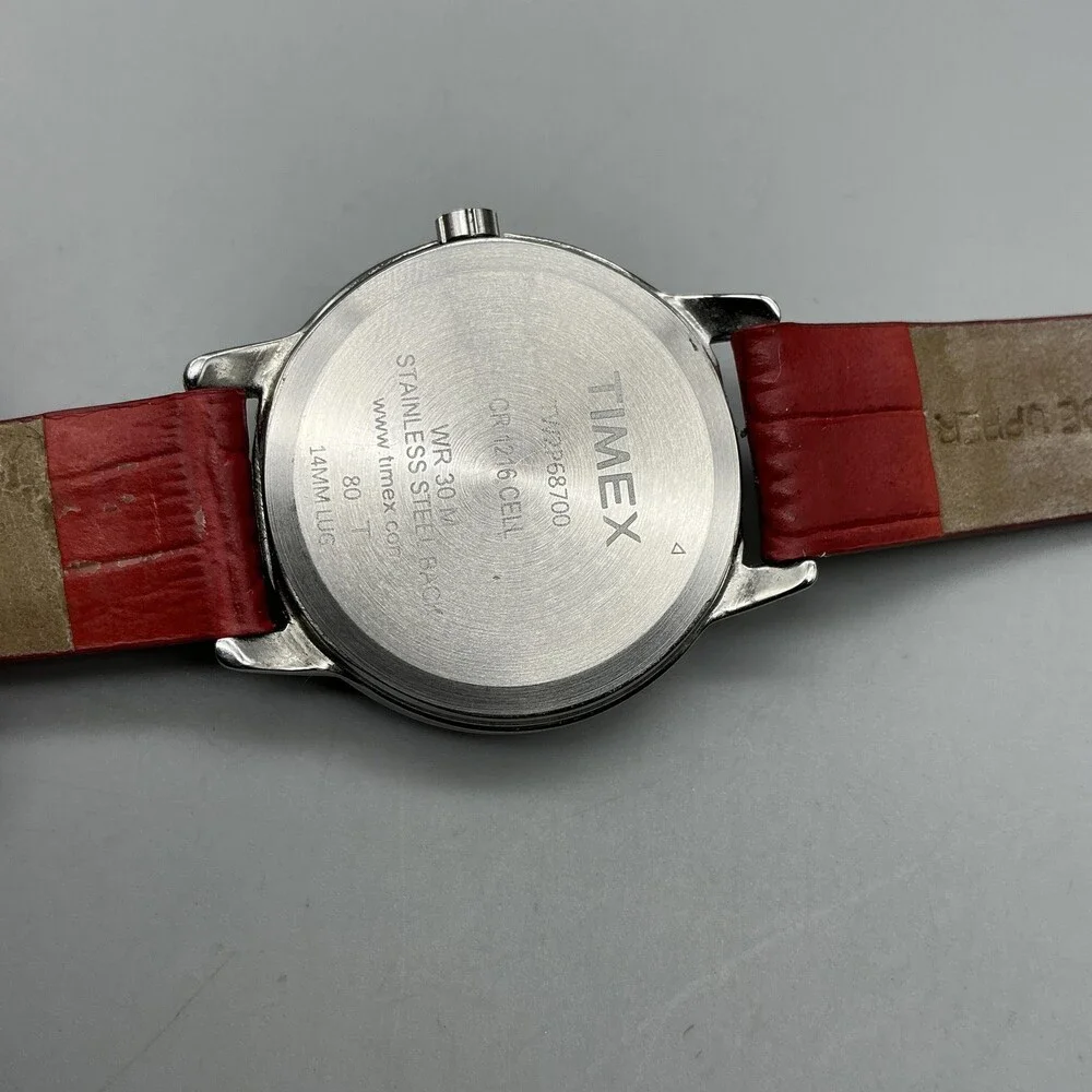 Timex Indiglo WR30M Womens Watch 30mm White Dial Red Leather New Battery